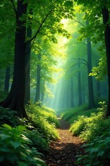 Fototapeta premium Dappled Sunlight Filtering Through Lush Spring Forest Canopy Tranquil Nature Scene