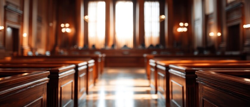 Wooden benches in a courtroom