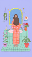 Calm illustration of woman looking at herself in the bathroom mirror