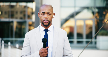 News, portrait and story with black man in city for live television broadcast as presenter....