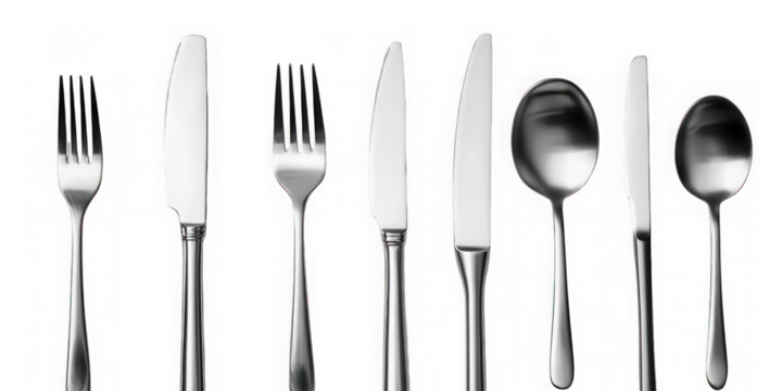 Collection of polished metal forks knives and spoons arranged in a row isolated on transparent background