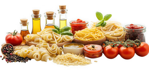 Assortment of italian pasta ingredients and olive oil bottles isolated on transparent background