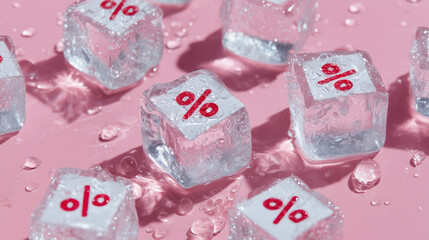 macro close-up of melting transparent ice cubes on glossy surface, each with a clean white paper note with red percent symbol,  minimal summer sale concept, pink background,  sale visual concept