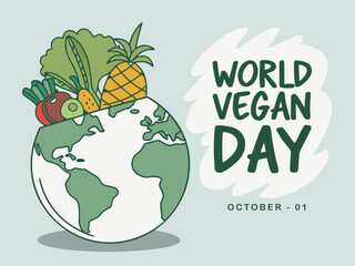World Vegan Day Illustration Earth Globe Topped with Fresh Fruits and Vegetables Celebration Graphic cartoon