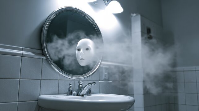 Surreal face reflected in bathroom mirror with eerie fog and dim lighting