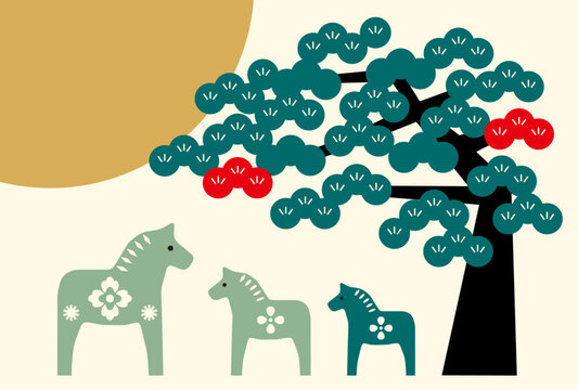 New Year's Cards-65　2026年、年賀状 午（うま・馬）の干支イラスト。 令和8年、年賀状テンプレート。和モダンなデザインの年賀状。