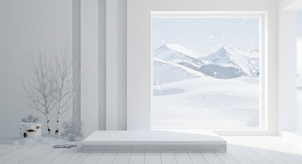Minimalist winter interior with a white display platform and snowy mountain view for seasonal product showcase.