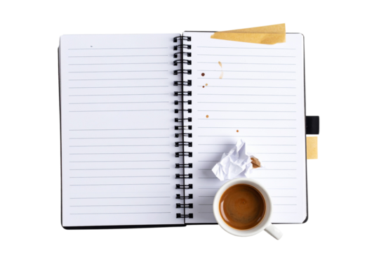 Open Spiral Notebook with Handwritten Notes and Coffee Stain, Realistic Scene, Isolated on Transparent Background