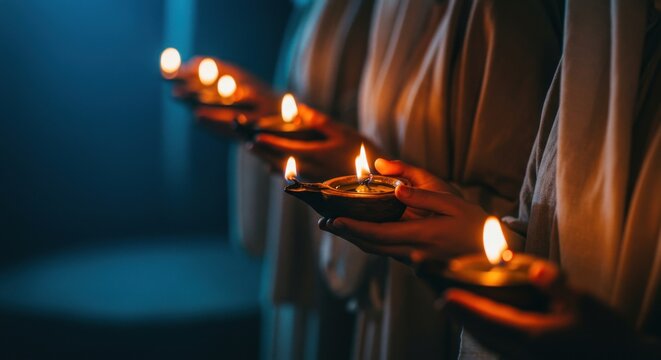 Many women standing and holding a lit oil lamp. Biblical story interpretation of the parable of the ten virgins. Religious christian faith concept.