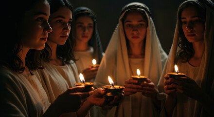 Group of women in ancient clothing holding oil lamps, representing the parable of the ten virgins from the bible, for religious concept.