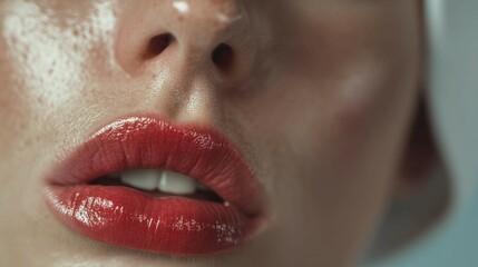 Naklejka premium A woman with red lipstick is shown with a white background. Concept of beauty and confidence, as the woman's lips are prominently displayed. The red lipstick adds a bold