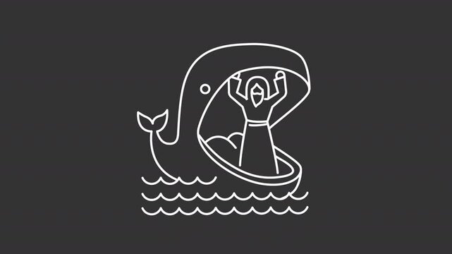 Animated Jonah and whale white line icon. Miraculous return from jaws of huge fish animation. Traditional bible narrative. Christianity. Isolated element on dark background. Alpha transparent video
