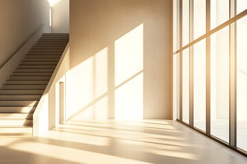 Obraz premium Bright architectural interior with stairs, light wood floors, and large window sunlight
