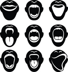 Black and White Vector Illustration of Faces with Open Mouths Expressing Emotions