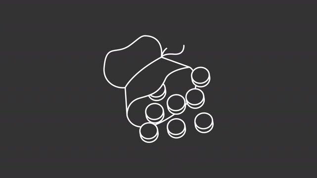 Animated 30 silver white line icon. Judas pouch with scattered coins animation. Cost of betrayal. Traitor reward. Bible narrative. Isolated element on dark background. Alpha transparent video
