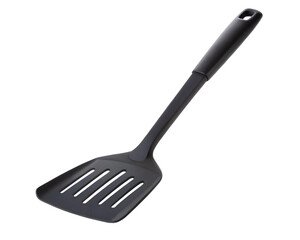 A black slotted spatula isolated on transparent background