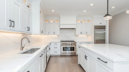 Clean white kitchen interior with sink and cabinets