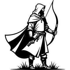 Sketchy emblem of medieval hunter dressed in a cloak holds a bow in his lowered hand. Engraving minimalistic vector in black ink drawing on transparent background