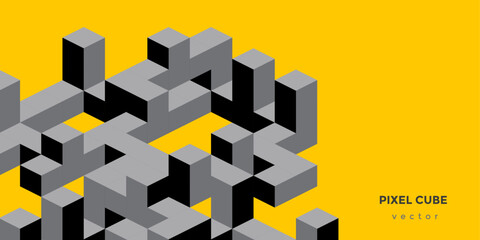 Pixel art. Isometric cubes. Abstract background from cubes and lines. Vector illustration.