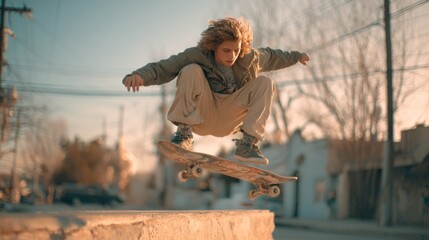 Young Skateboarder Performing Air Trick, Capturing Freedom in Motion