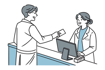 Smiling doctor hands a prescription to a friendly pharmacist at a counter with a computer and medicine box