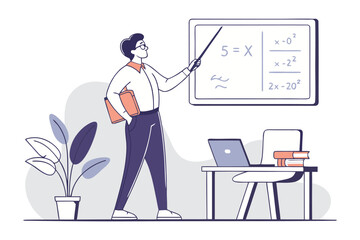 A focused teacher with glasses points to a whiteboard with mathematical equations holding books in a classroom setting