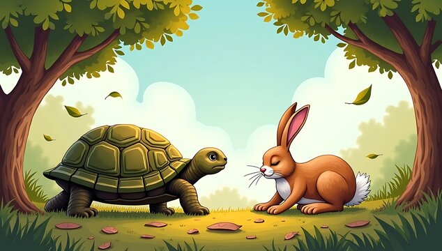 Illustration of the tortoise and the hare mid-race with the tortoise calmly walking while the hare naps under a tree, symbolizing "slow and steady wins the race."
