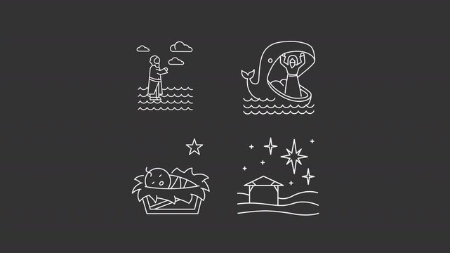Animated christian legends white line icons. Stories about Jesus miracles animation set. Religious tales and symbols. Old narratives. Isolated elements on dark background. Alpha channel HD video