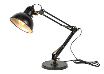 A black adjustable desk lamp with cord isolated on transparent background