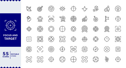 Focus and target Aim, target line icon set. A sight for aiming a weapon at a target. achievement, mission, medal, Series in linear style.