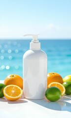 A white pump bottle mockup for cosmetic products, surrounded by fresh oranges and limes. Set on a sunny table with a beautiful sparkling blue ocean background, conveying a fresh, natural