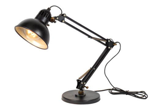 A black adjustable desk lamp with cord isolated on transparent background