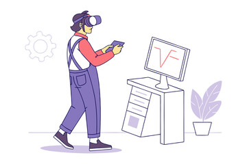 Person wearing a virtual reality headset interacts with a tablet near a computer displaying a graph and a plant