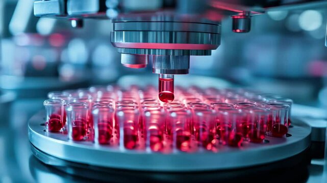Automated laboratory equipment dispensing red liquid into vials on a circular platform system setup