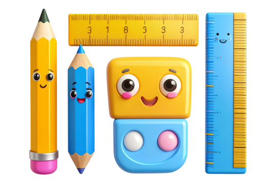 Kids’ Colorful Stationery Set with Cartoon Faces, Playful Design, Isolated on Transparent Background