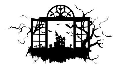 Fototapeta premium Halloween night haunted house through open window silhouette