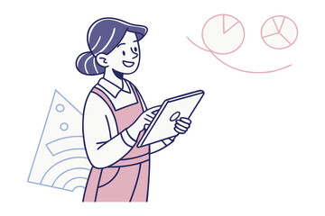Smiling woman in apron holding a tablet with pie charts and abstract shapes suggesting data analysis and planning