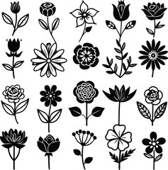 Black and White Flower Vector Set: Floral Design Elements, Botanical Illustrations, Simple Line Art