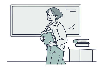 A cheerful teacher holding books walks past a whiteboard with books on a desk in a classroom