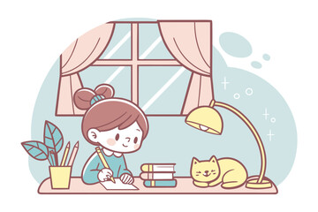 Cute cartoon girl diligently studying at her desk with a friendly cat companion and a plant by the window