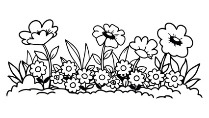 Naklejka premium Delightful Black and White Flower Garden Illustration Featuring an Assortment of Blossoms and Foliage for Coloring Books and Creative Projects