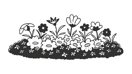 Whimsical Flowerbed Illustration A Black and White Delightful Garden Scene with Simple Flowers and...