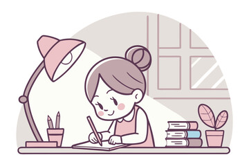 Cute cartoon girl diligently studying at her desk under a desk lamp with books and a potted plant nearby