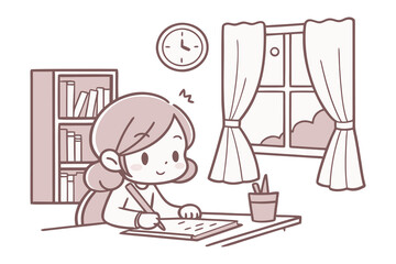 Cute cartoon girl diligently studying at her desk with books and a clock on the wall near a window with curtains