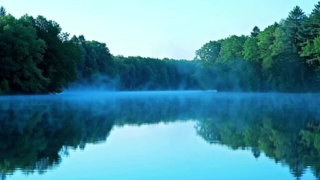 A calm and serene lake surrounded by dense green forest, with morning mist gently floating over the water. The reflection of trees creates a peaceful and tranquil atmosphere ideal for meditation, rela
