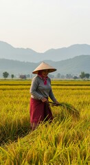 farmer harvesting rice carrying a sickle with mountains in the background