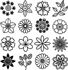 Black and White Flower Vector Set: Simple Floral Design Elements, Outlines, Botanical Illustrations