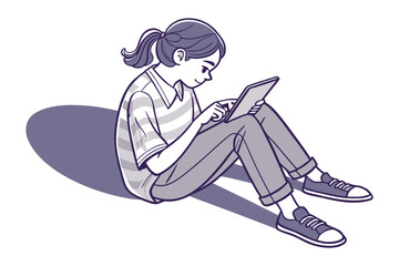 Young girl with ponytail sitting cross legged on the floor engrossed in using a digital tablet computer with a stylized shadow