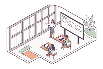 A teacher instructs two students using laptops in a modern classroom with large windows and a presentation screen