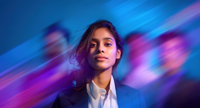Focused young professional businesswoman in suit surrounded by dynamic streaks of neon blue and purple light
